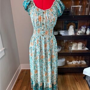 OSTOO Boho Floral Maxi Dress Puff Sleeve Smocked Waist Peasant Cottagecore L